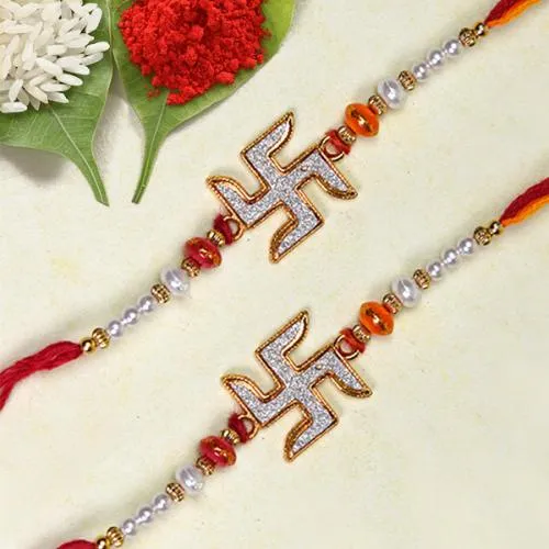 Auspicious Swastik Rakhi Pair with Roli Chawal Tika n Card