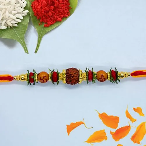Charming Rudraksha Rakhi with Roli Chawal Tika n Rakhi Card