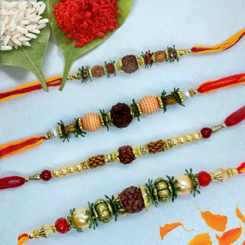 Charming Rudraksha Rakhi Set of 4 with Roli, Chawal n Card