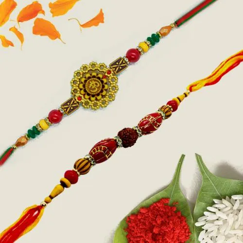 Charming Duo of OM n Rudraksha Rakhi with Roli Tika Card