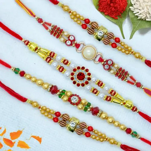Fantastic Set of 5 Pearl Rakhi with Roli, Chawal n Card
