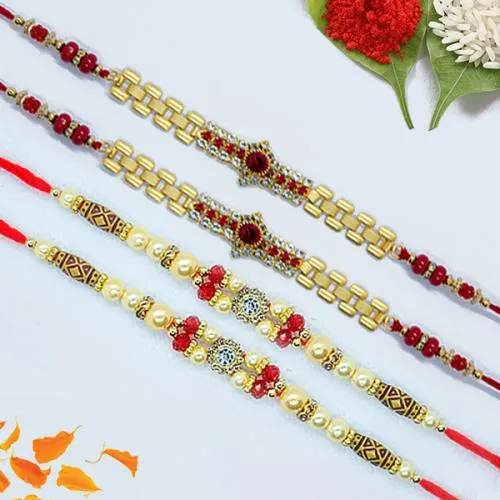 Glamorous Set of 4 Jewel Rakhi with Roli, Chawal n Card