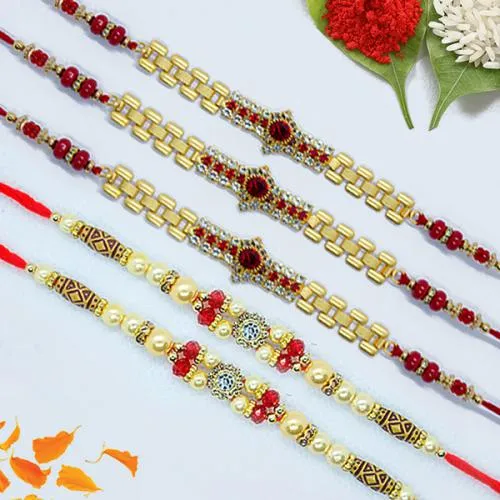 Gaudy Set of 5 Jewel Rakhi with Roli, Chawal Tika n Card