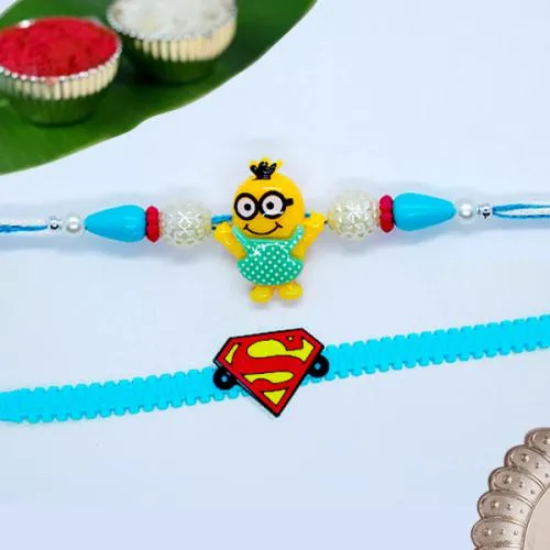 Enticing Pair of Kids Rakhi with Roli, Chawal n Card