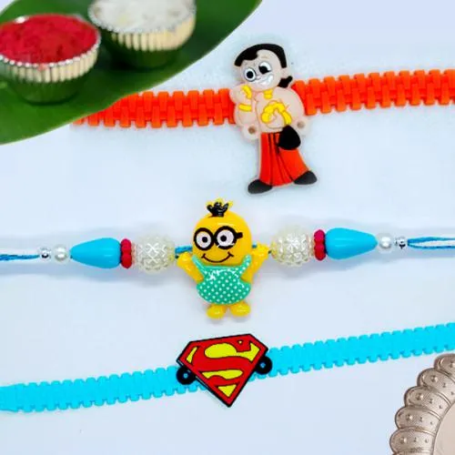Exclusive Set of 3 Kids Rakhi with Roli, Chawal n Card