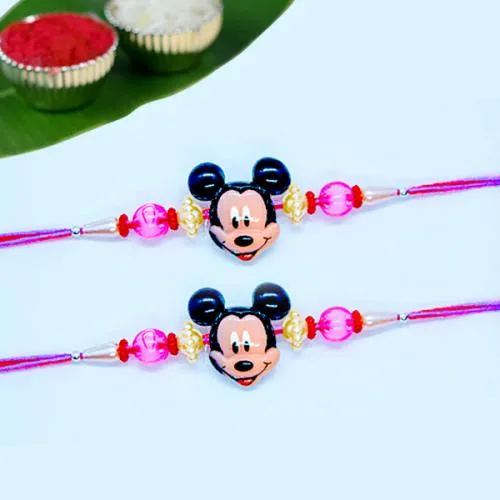 Lovely Mickey Rakhi Pair with Roli, Chawal Tika n Rakhi Card
