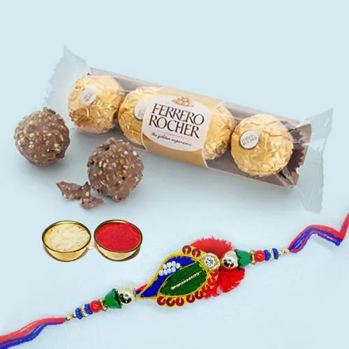 Exquisite Rakhi with 3Pc Ferrero Rocher, Roli Tika N Card