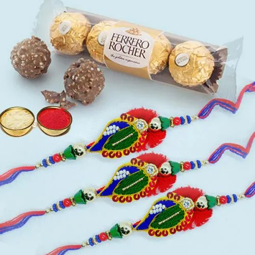 Superb Set of 3 Rakhis with 3pc Ferrero Rocher, Roli Tika n Card