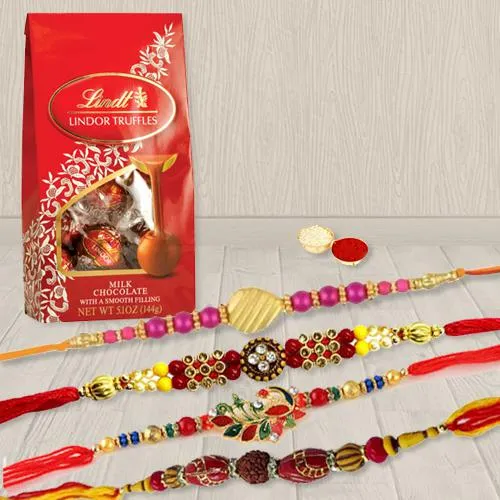 Classic Set of 4 Rakhi with Lindt Chocolates, Roli Tika N Card