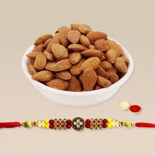 Classy Rakhi with Crunchy Almonds, Roli Tika n Rakhi Card
