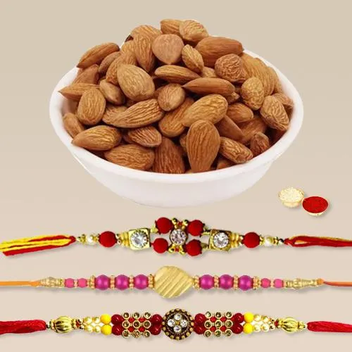 Charming Set of 3 Rakhis with Crunchy Almonds, Roli Tika n Card