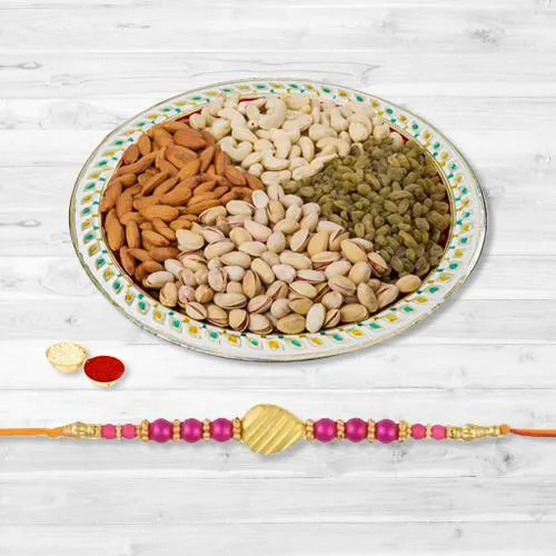 Classy Rakhi with Assorted Dry Fruits, Roli, Chawal n Card
