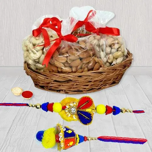 Attractive Bhaiya Bhabhi Rakhi with Mixed Dry Fruits Basket