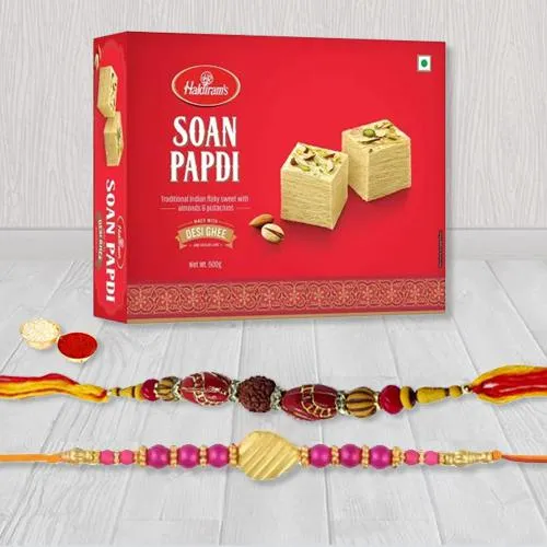 Delightful Pair of Rakhi with Haldiram Soan Papadi