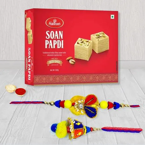 Graceful Bhaiya Bhabhi Rakhi with Haldiram Soan Papadi n Card