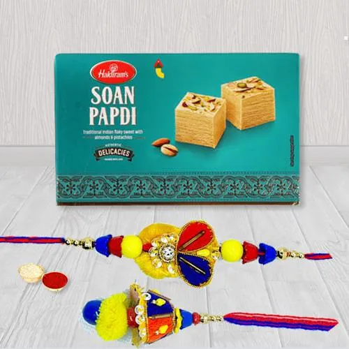 Elegant Bhaiya Bhabhi Rakhi with Haldiram Soan Papdi