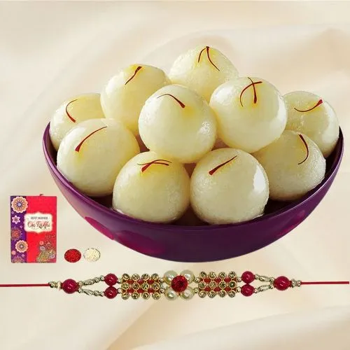 Stylish Rakhi with Haldiram Rasgulla, Roli Tika n Card
