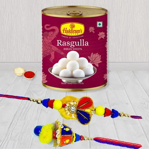 Trendy Bhaiya Bhabhi Rakhi Set with Haldiram Rasgulla