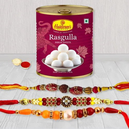 Enticing Set of 3 Rakhi with Haldiram Rasgulla
