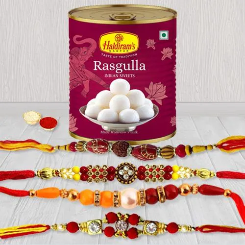 Arresting Set of 4 Rakhi with Haldiram Rasgulla