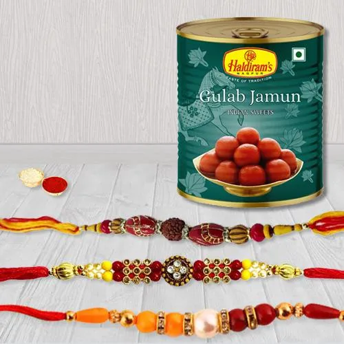 Charming Set of 3 Rakhi with Haldiram Gulabjamun