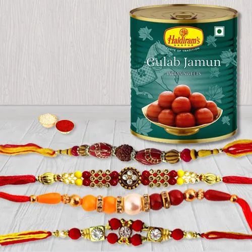 Graceful Set of 4 Rakhi with Haldiram Gulab Jamun