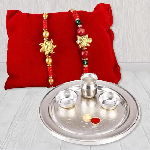 Remarkable Set of 2 Rakhi with Pooja Thali, Roli Tika n Card