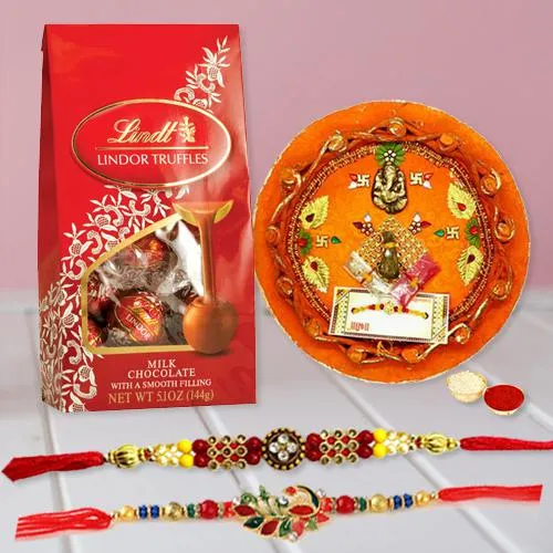 Pious Puja Thali with Rakhi Pair N Lindt Chocolates