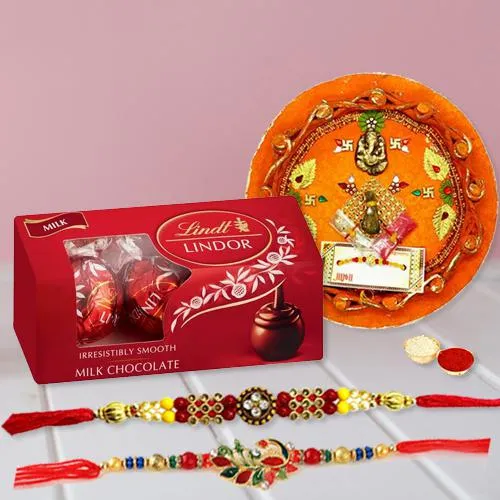 Elegant Puja Thali with a Pair of Rakhi N Lindt Chocolates