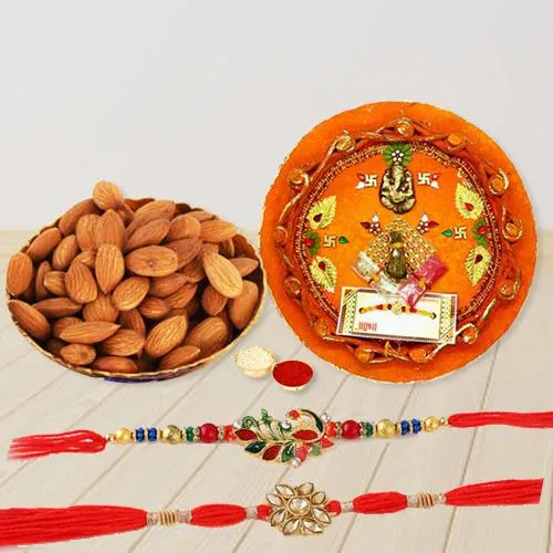 Trendy Pair of Rakhi with Almonds n Puja Thali