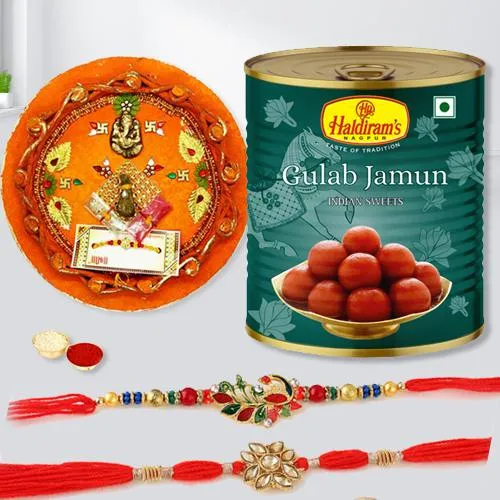 Splendid Set of 2 Rakhi with Gulab Jamun n Puja Thali