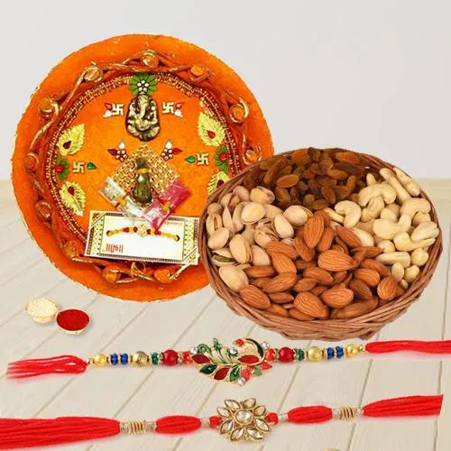 Designer Rakhi Pair with Dry Fruits n Puja Thali