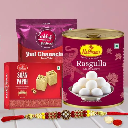 Elegant Rakhi with Sweets and Snacks from Haldiram